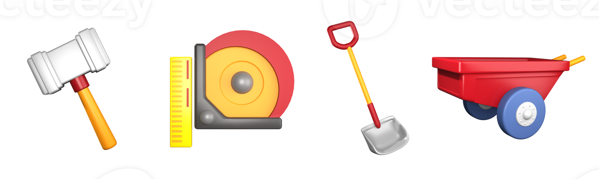 3D icon labor day collection rendered isolated on the transparent background. sledgehammer, tape measure, soil shovel, and wheel barrow object for your design. png