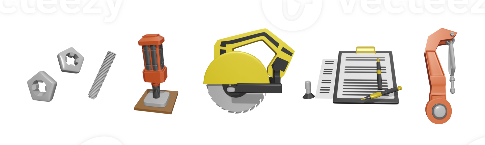 3D icon labor day collection rendered isolated on the transparent background. nail and nuts, soil drill, circular saw, employment contract, and industrial crane hook object for your design. png