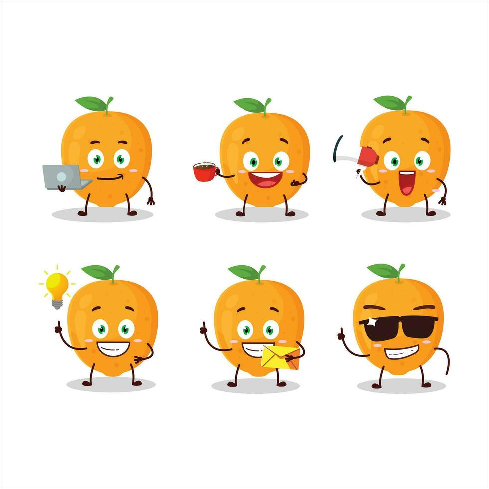 Orange fruit cartoon character with various types of business emoticons vector