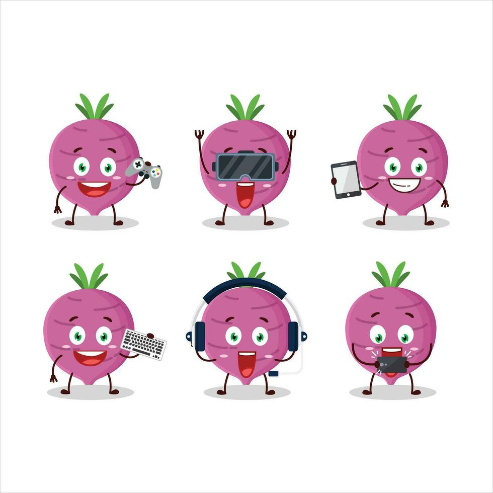 Garlic cartoon character are playing games with various cute emoticons vector