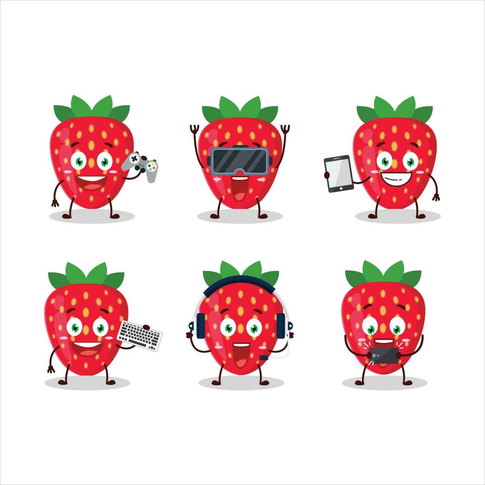 Strawberry cartoon character are playing games with various cute emoticons vector