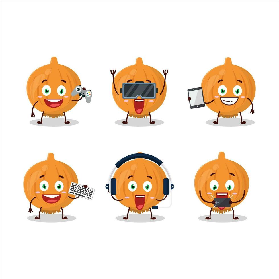 Onion cartoon character are playing games with various cute emoticons vector