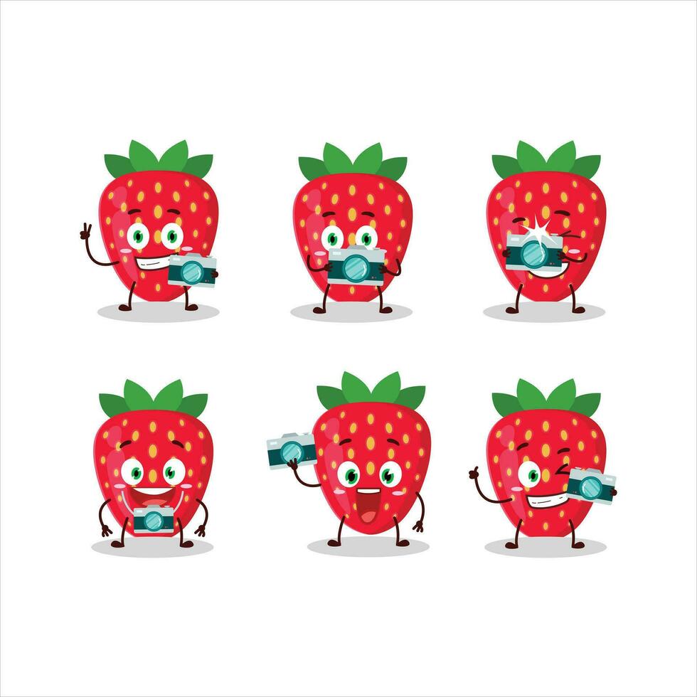 Photographer profession emoticon with strawberry cartoon character vector