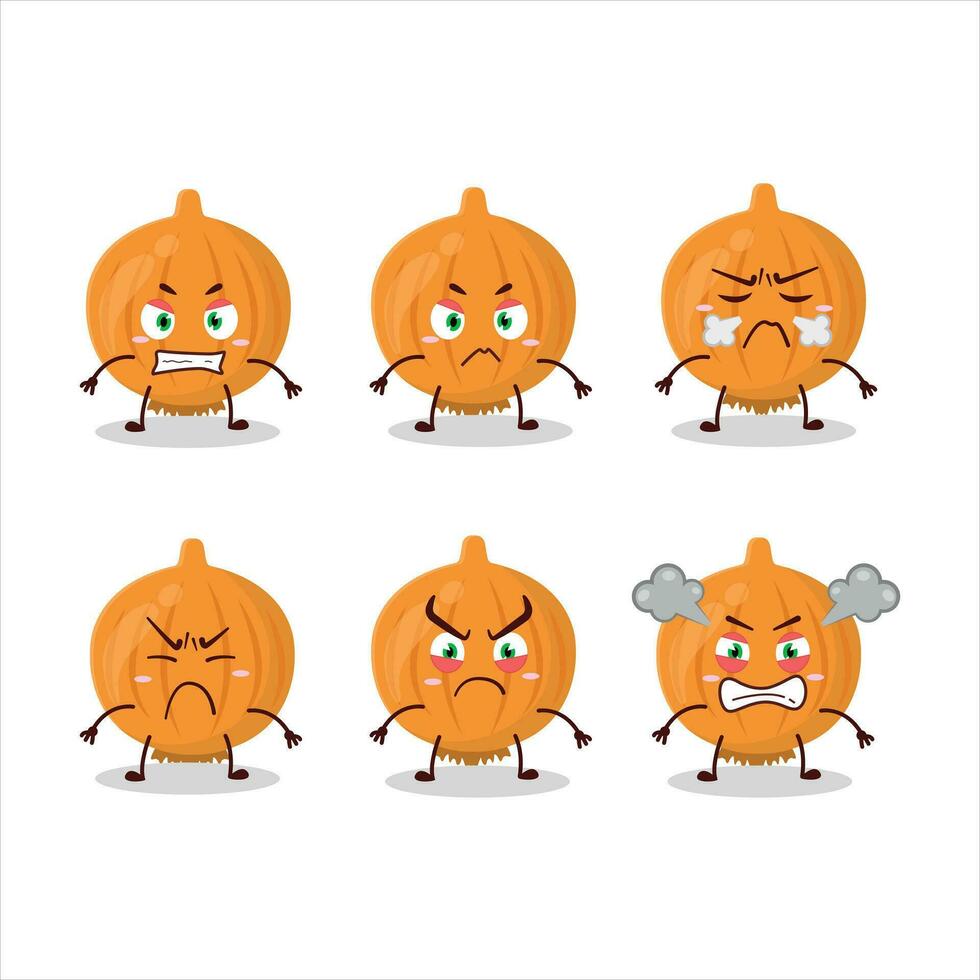 cebolla dibujos animados personaje con varios enojado expresiones vector