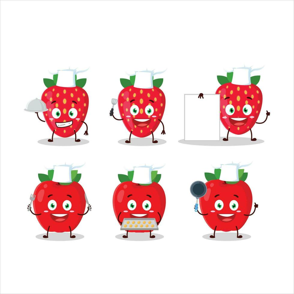 Cartoon character of strawberry with various chef emoticons vector