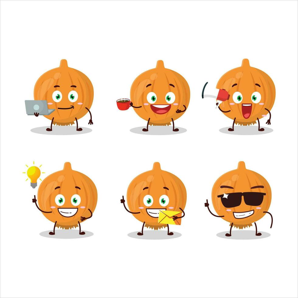 Onion cartoon character with various types of business emoticons vector