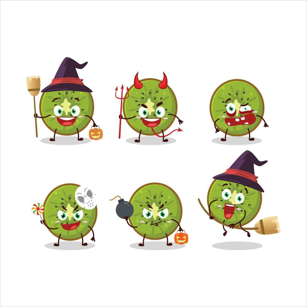 Víspera de Todos los Santos expresión emoticones con dibujos animados personaje de rebanada de kiwi vector