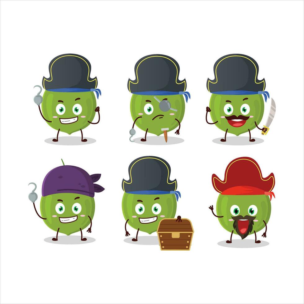 Cartoon character of green coconut with various pirates emoticons vector