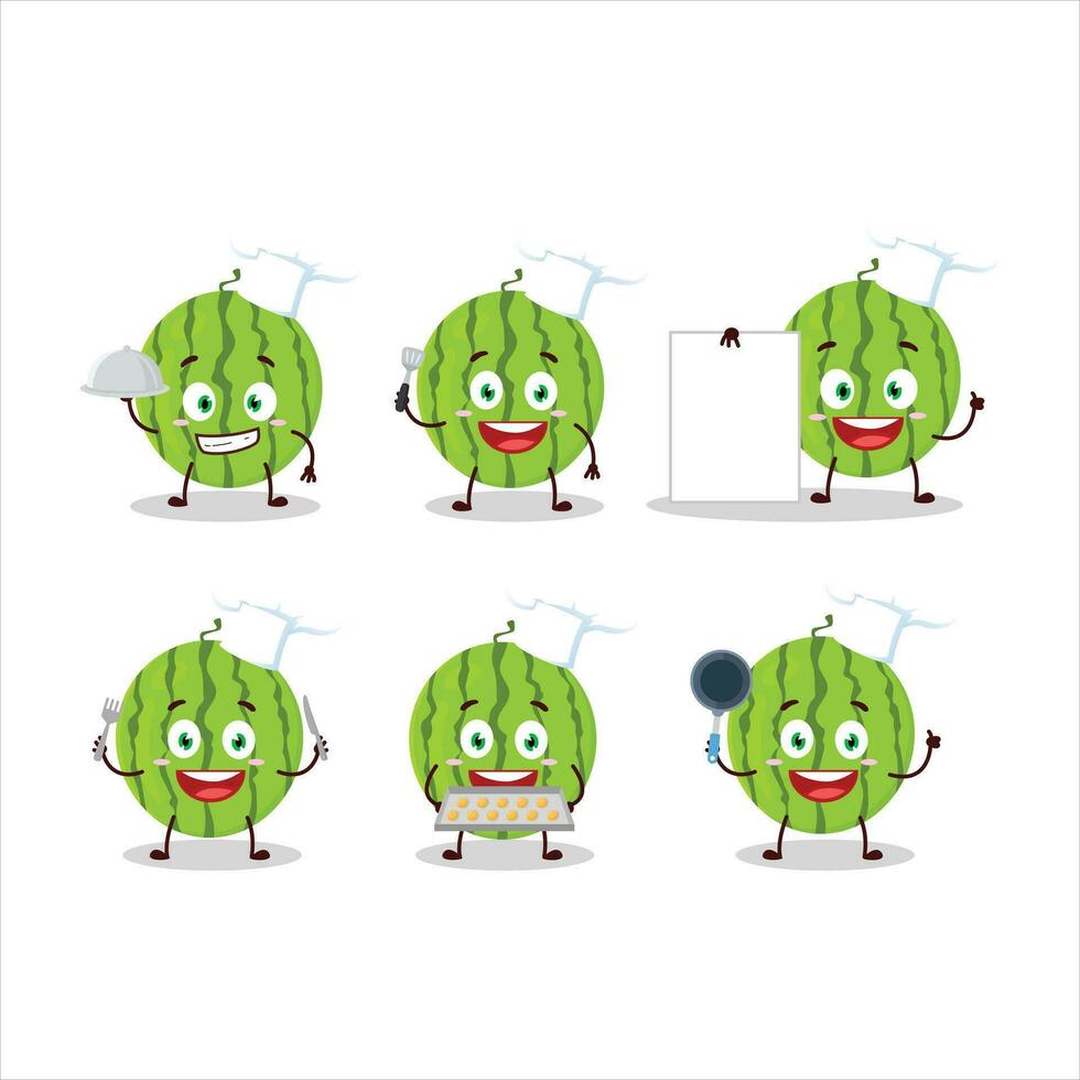 Cartoon character of green watermelon with various chef emoticons vector