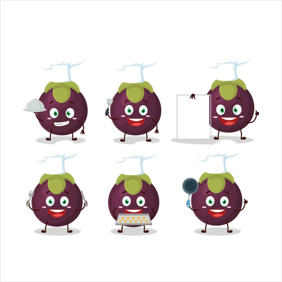 Cartoon character of mangosteen with various chef emoticons vector