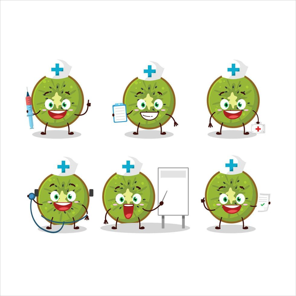 médico profesión emoticon con rebanada de kiwi dibujos animados personaje vector