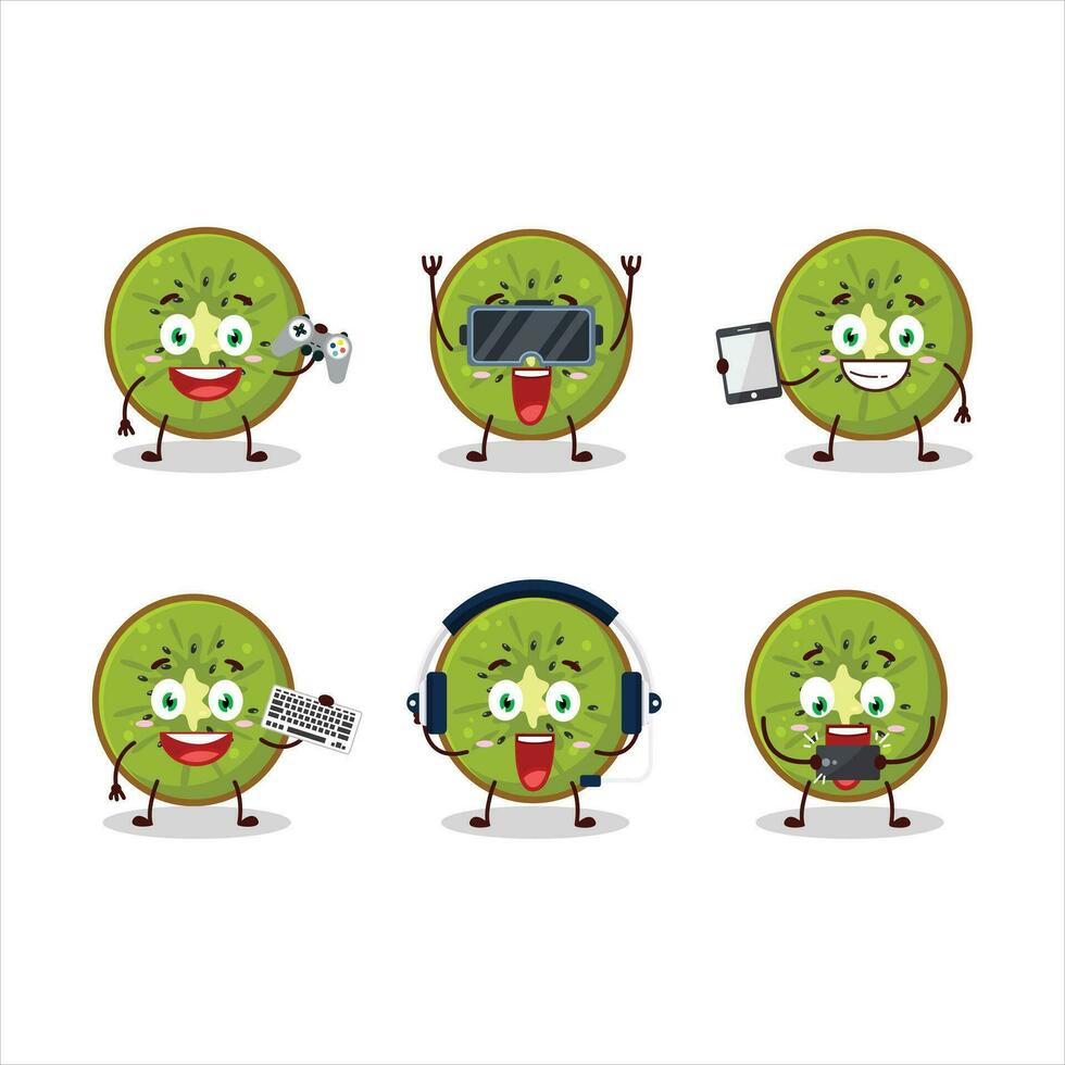 Slice of kiwi cartoon character are playing games with various cute emoticons vector