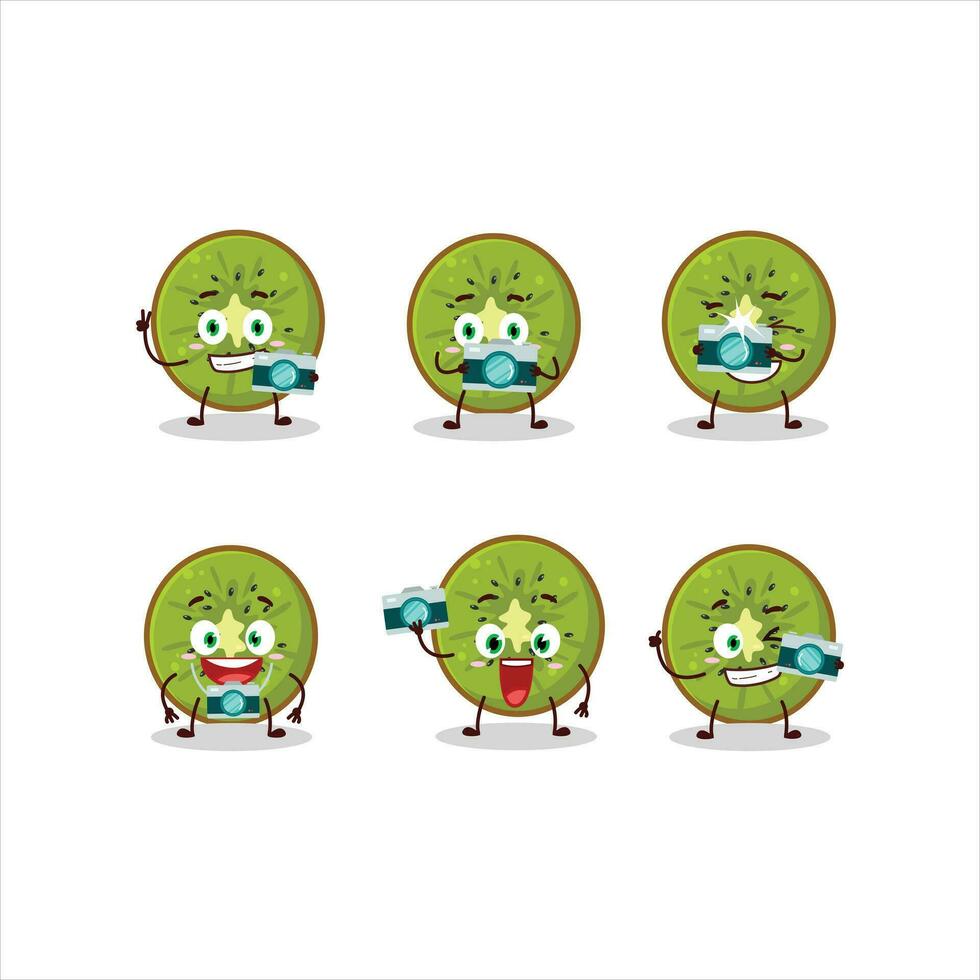 Photographer profession emoticon with slice of kiwi cartoon character vector