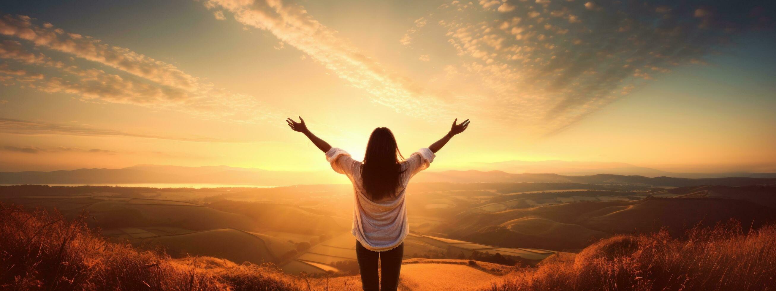 Woman standing on top of the mountain with arms outstretched against the mountain scenery photo