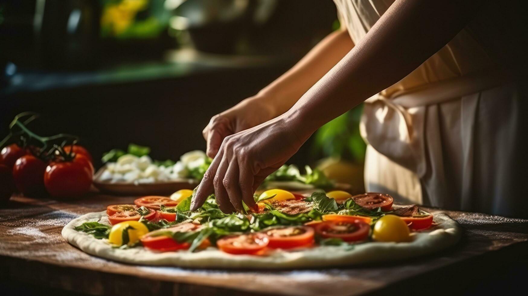 mujer es Cocinando italiano Pizza foto