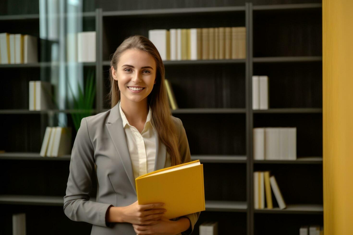 Beautiful young professional woman holding office folder while standing in the conference room photo