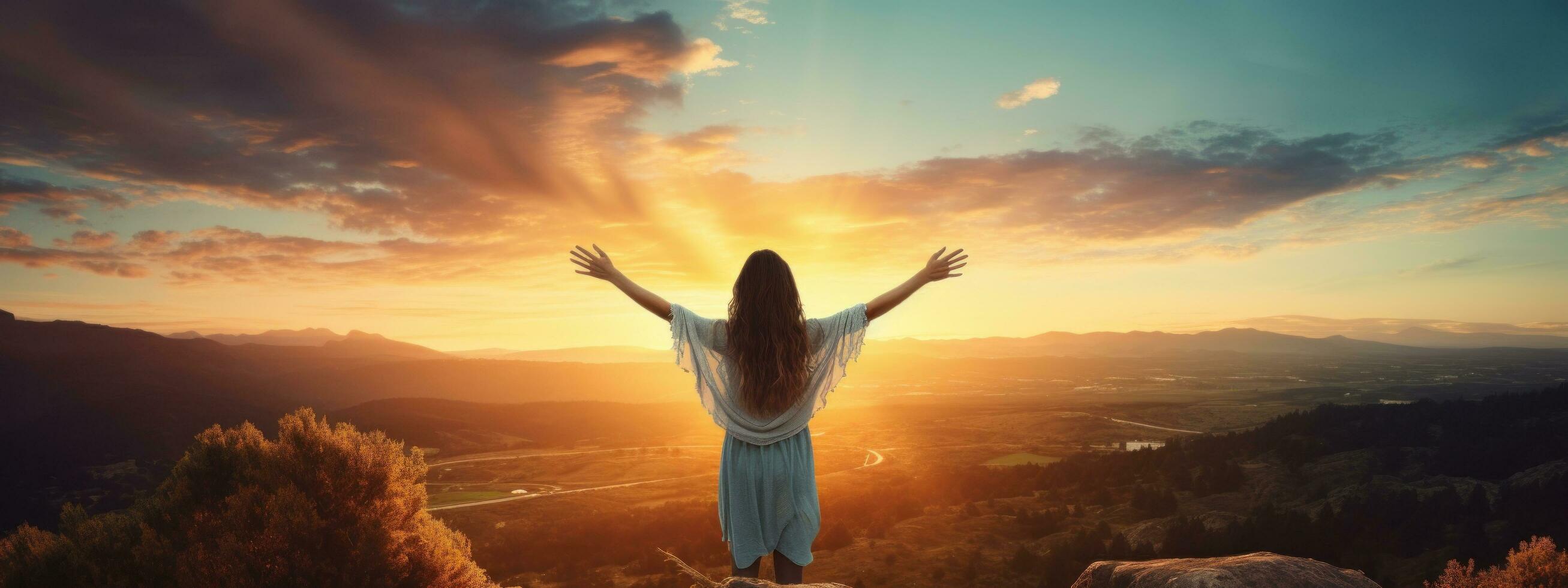 Woman standing on top of the mountain with arms outstretched against the mountain scenery photo