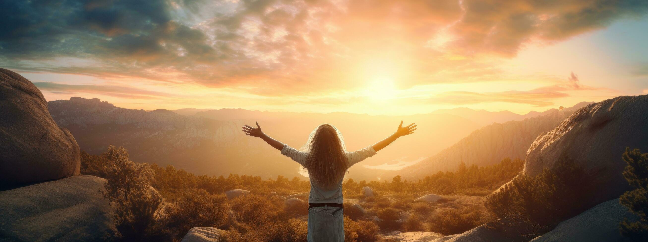 Woman standing on top of the mountain with arms outstretched against the mountain scenery photo