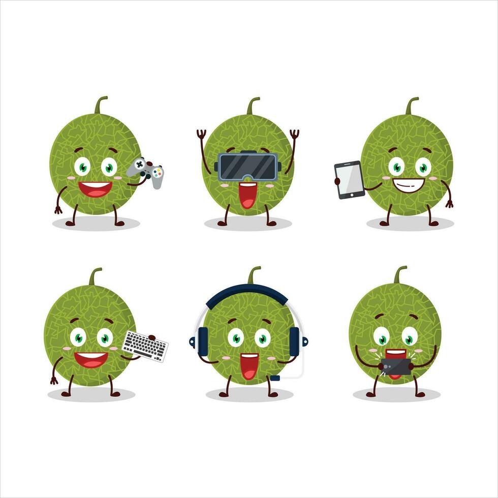 Melon cartoon character are playing games with various cute emoticons vector