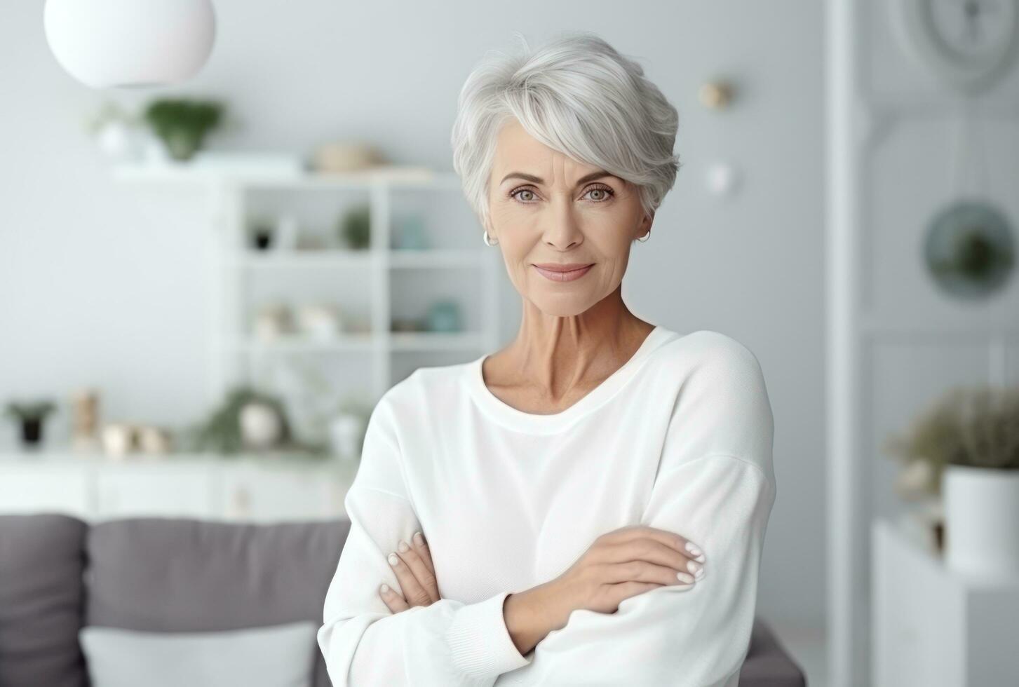 Attractive elderly woman standing in office at home photo