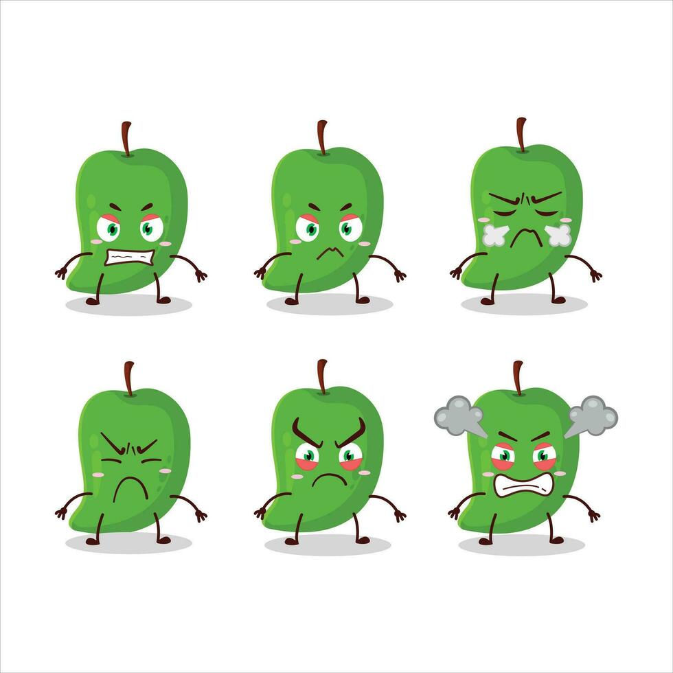 verde mango dibujos animados personaje con varios enojado expresiones vector