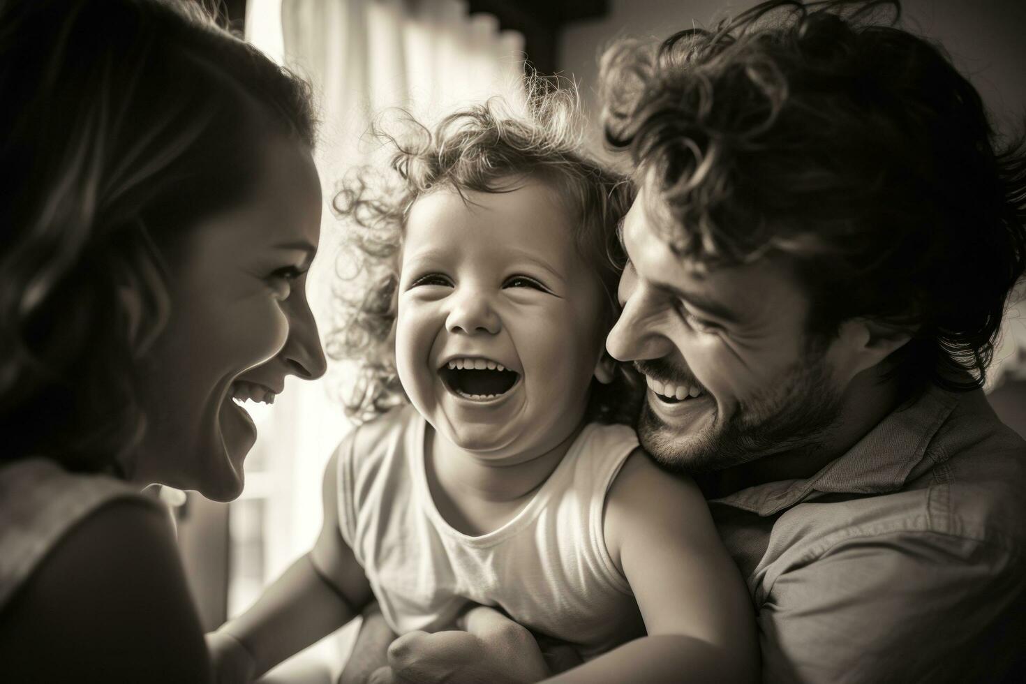 Happy family having fun at home together photo