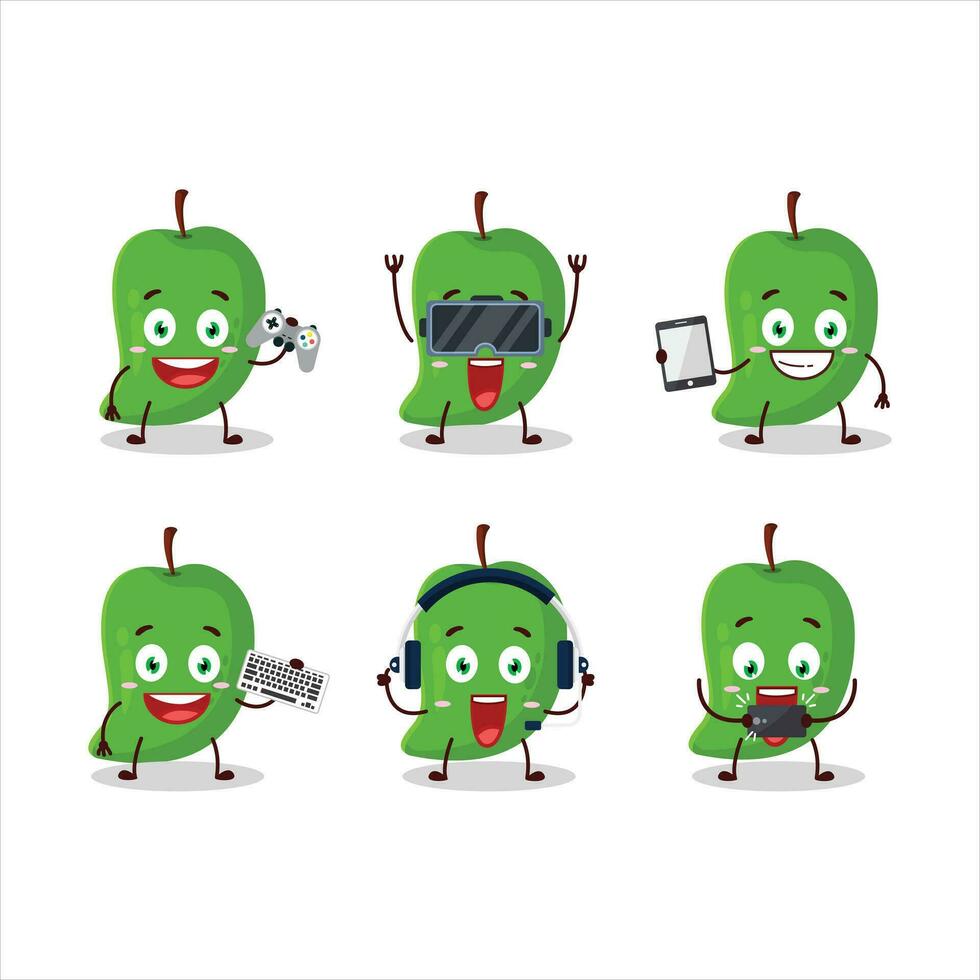 Green mango cartoon character are playing games with various cute emoticons vector