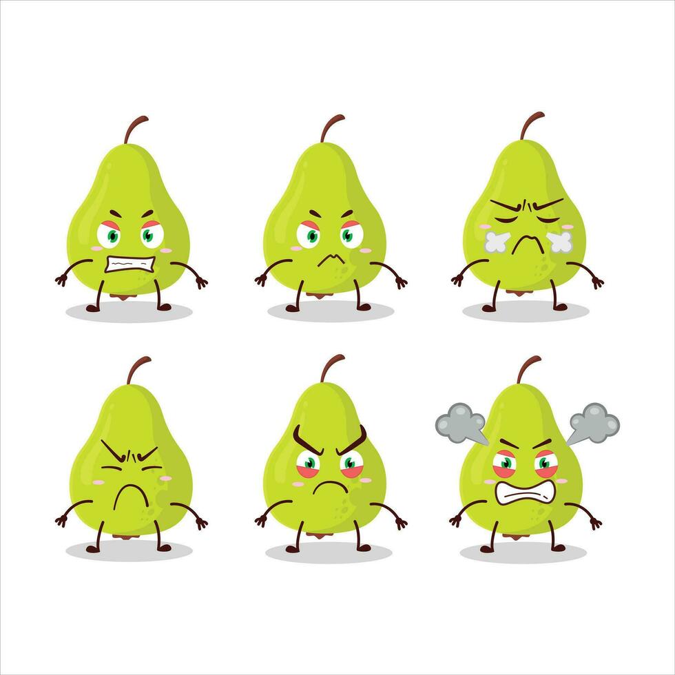 Green pear cartoon character with various angry expressions vector