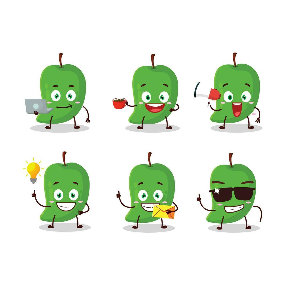 Green mango cartoon character with various types of business emoticons vector