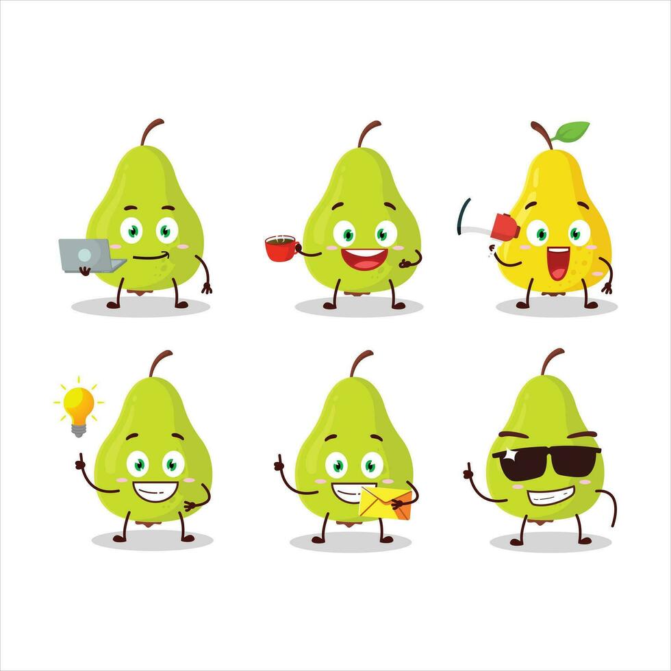 Green pear cartoon character with various types of business emoticons vector