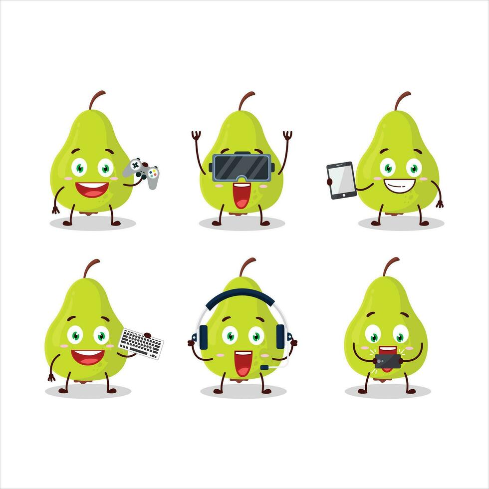 Green pear cartoon character are playing games with various cute emoticons vector