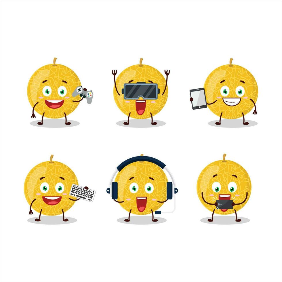 Yellow melon cartoon character are playing games with various cute emoticons vector