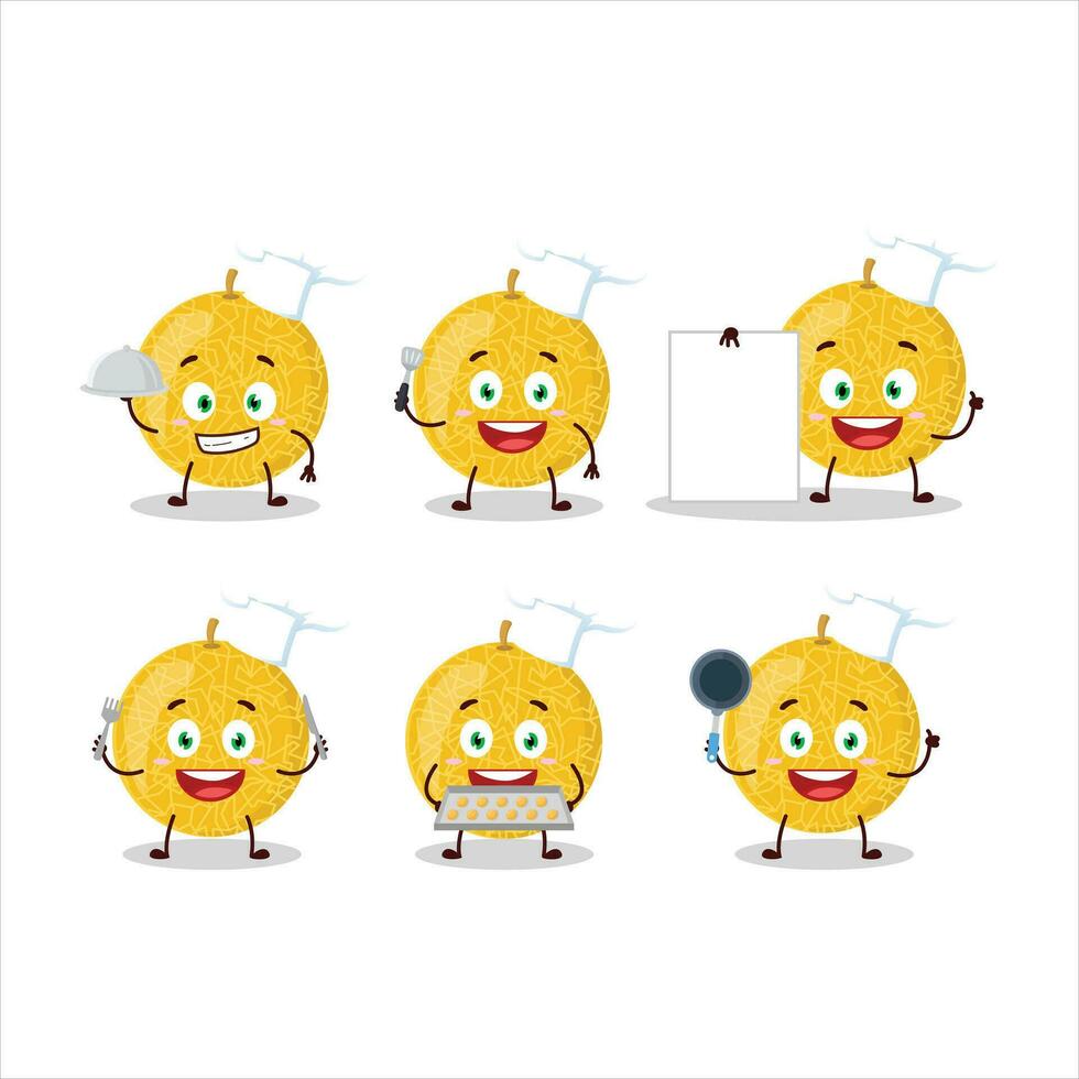 dibujos animados personaje de amarillo melón con varios cocinero emoticones vector