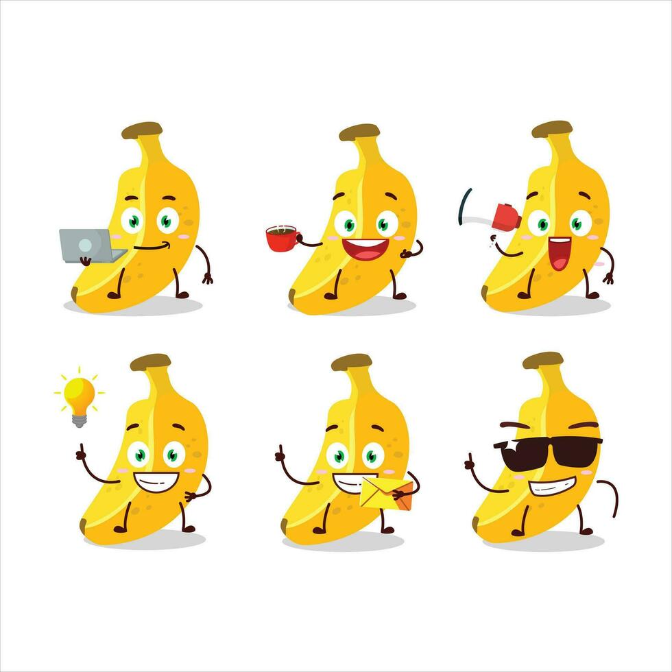 Banana cartoon character with various types of business emoticons vector