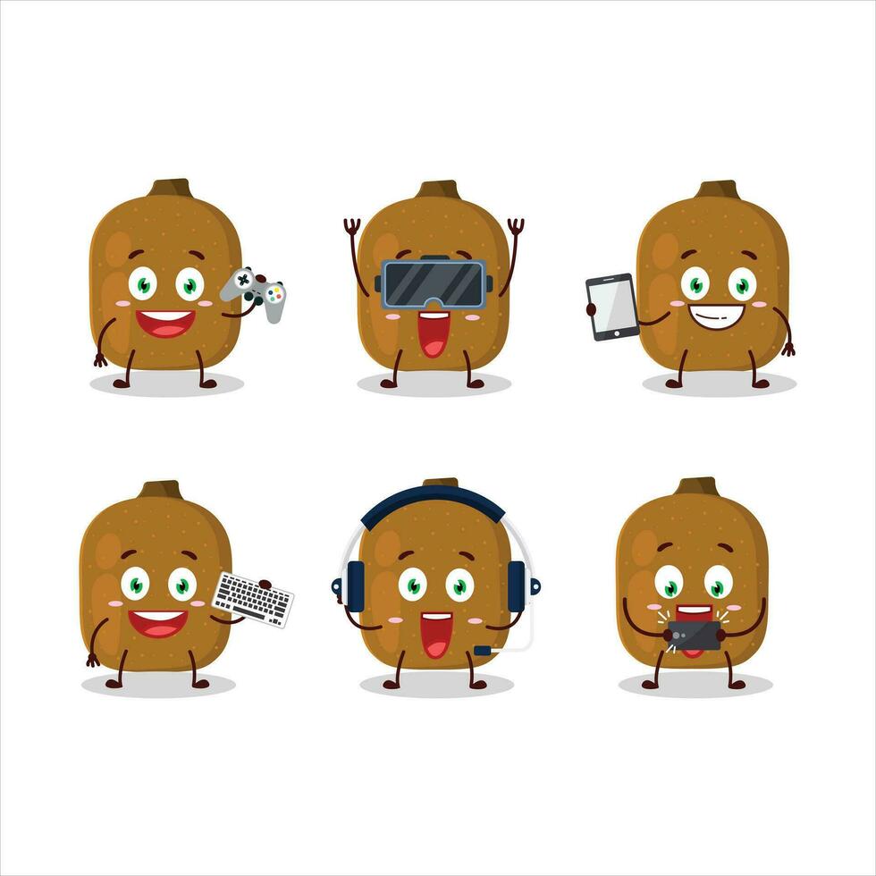 Kiwi cartoon character are playing games with various cute emoticons vector
