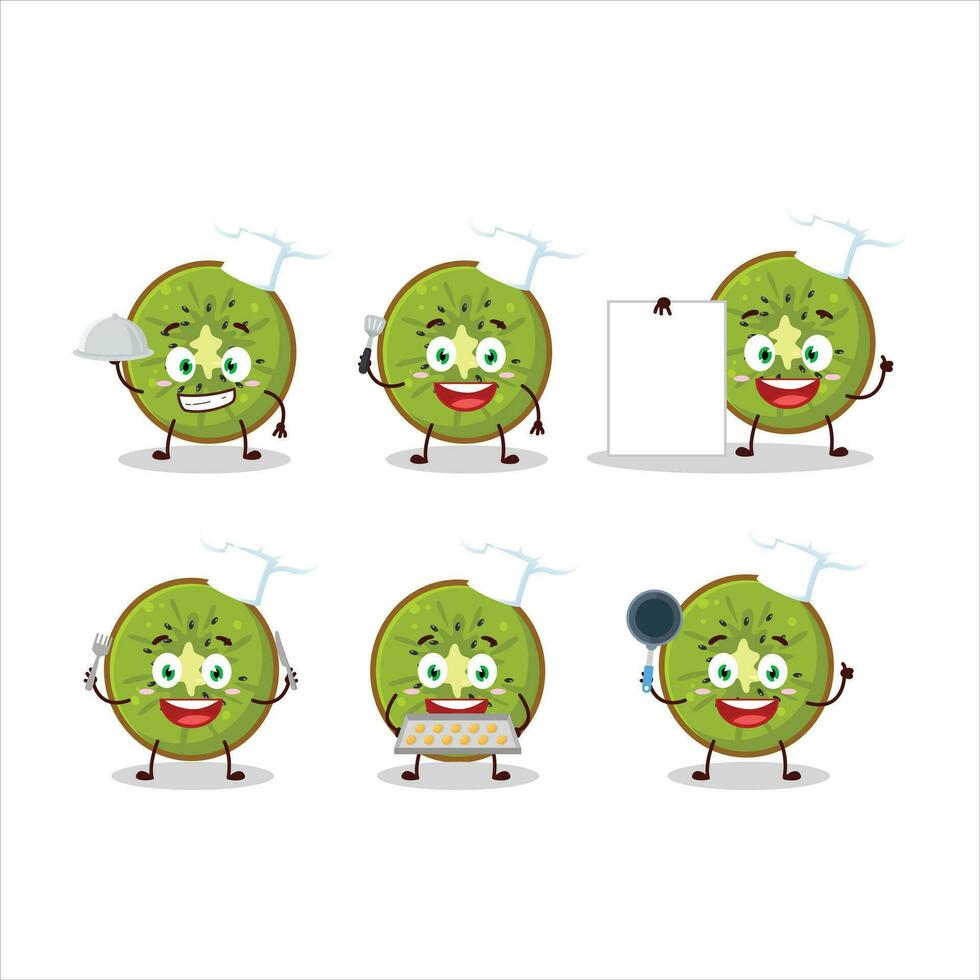 dibujos animados personaje de rebanada de kiwi con varios cocinero emoticones vector