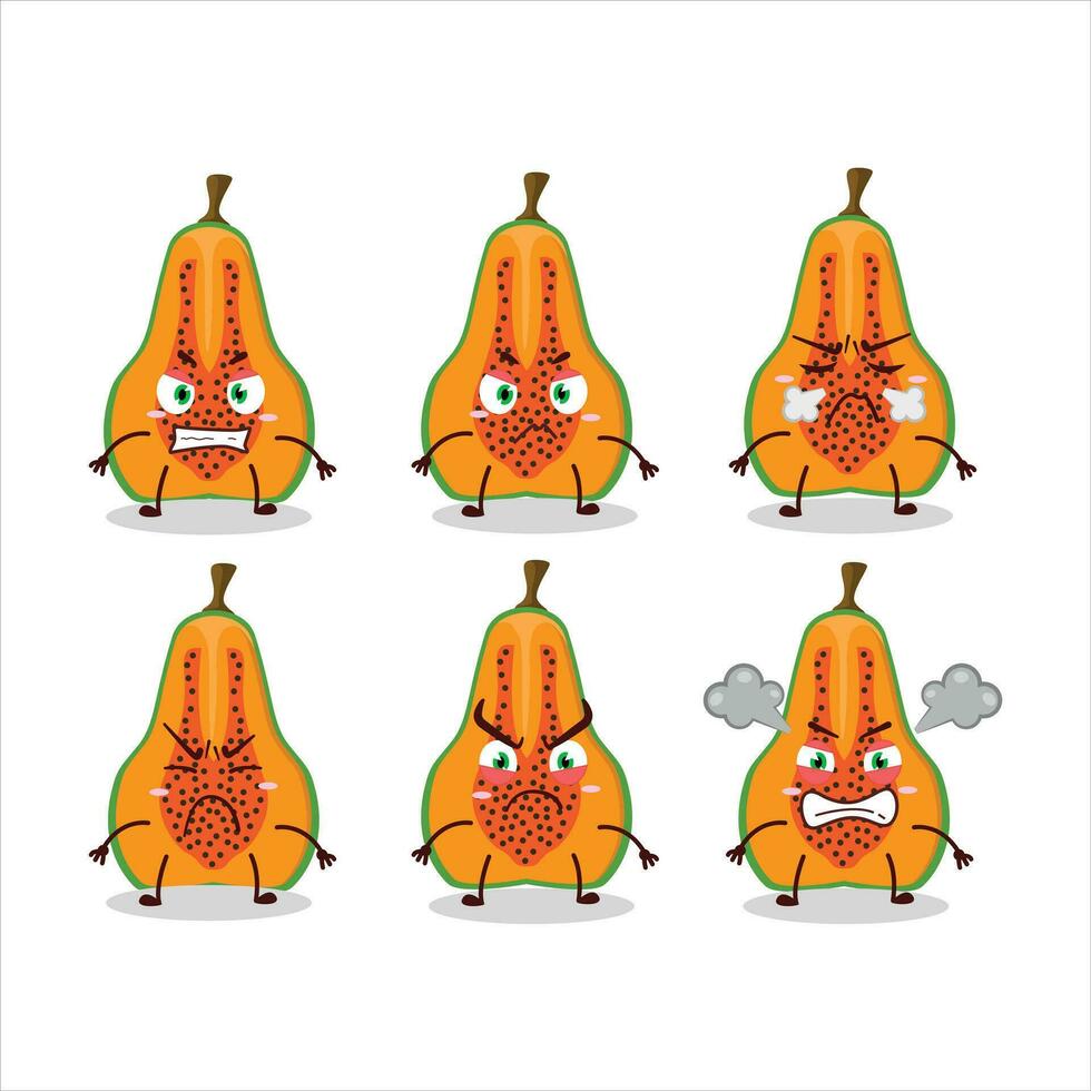 rebanada de papaya dibujos animados personaje con varios enojado expresiones vector