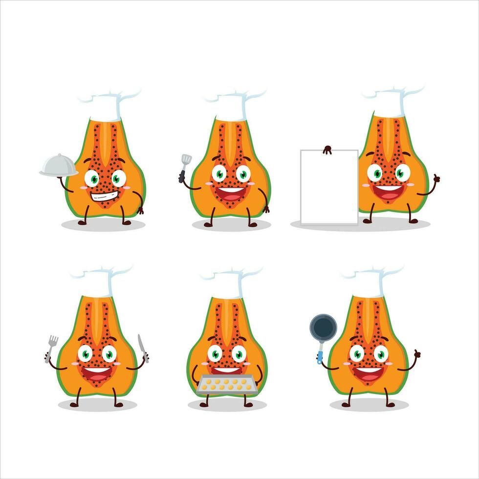 Cartoon character of slice of papaya with various chef emoticons vector