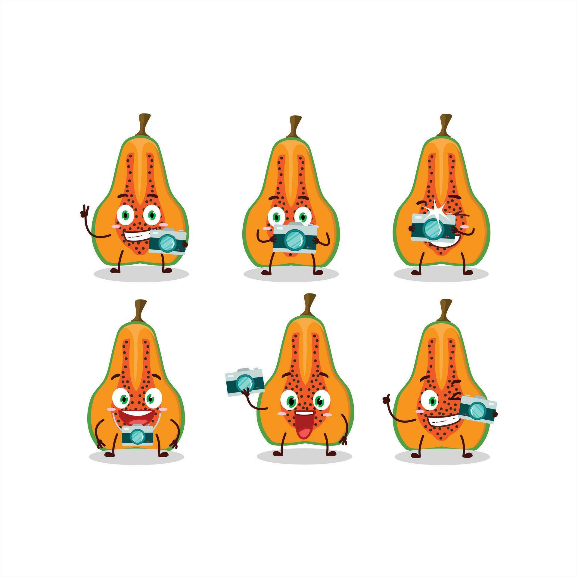 Photographer profession emoticon with slice of papaya cartoon character