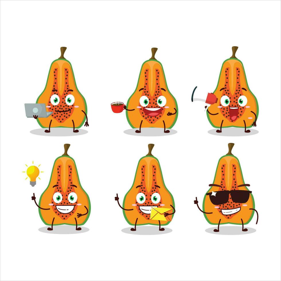 Slice of papaya cartoon character with various types of business emoticons vector