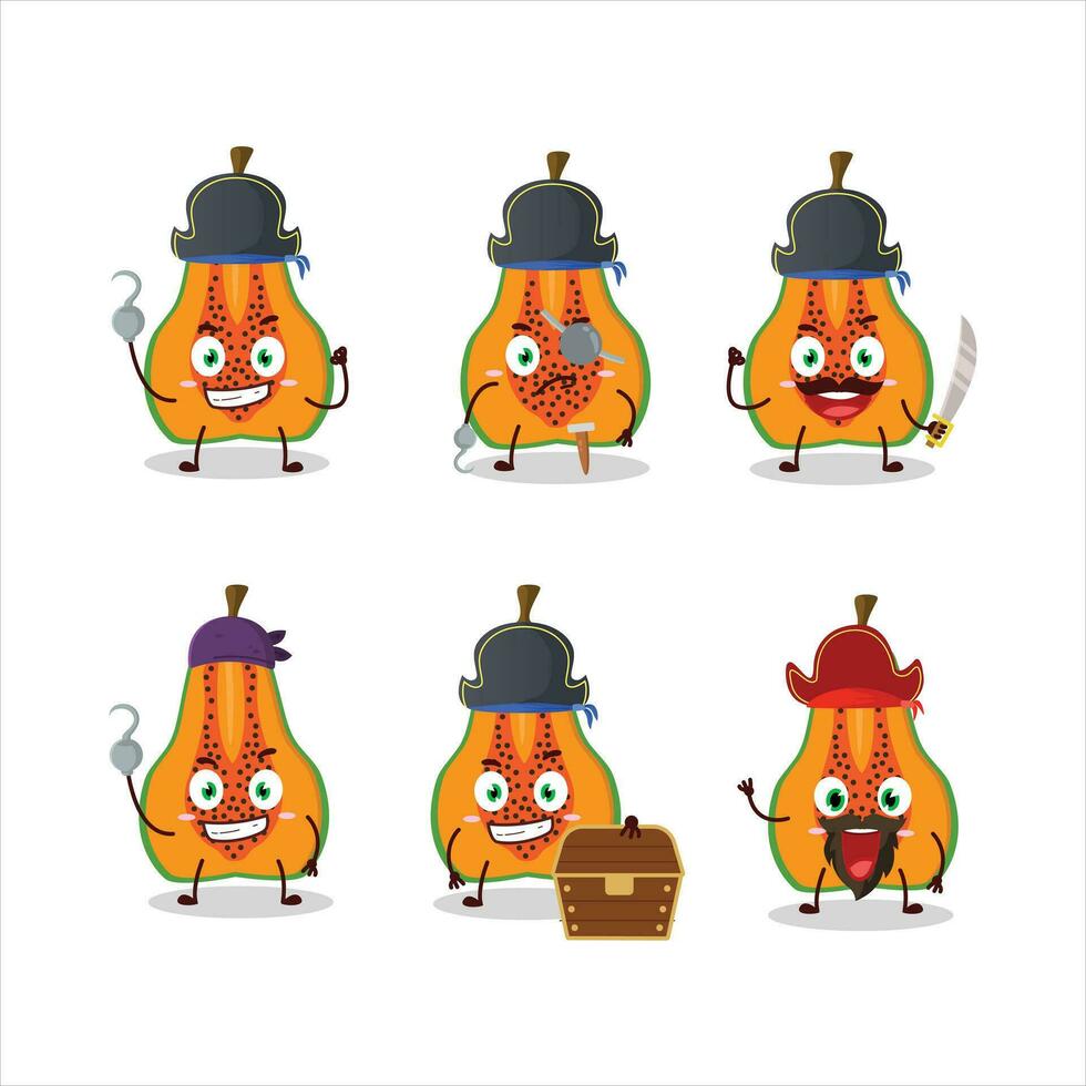 dibujos animados personaje de rebanada de papaya con varios piratas emoticones vector