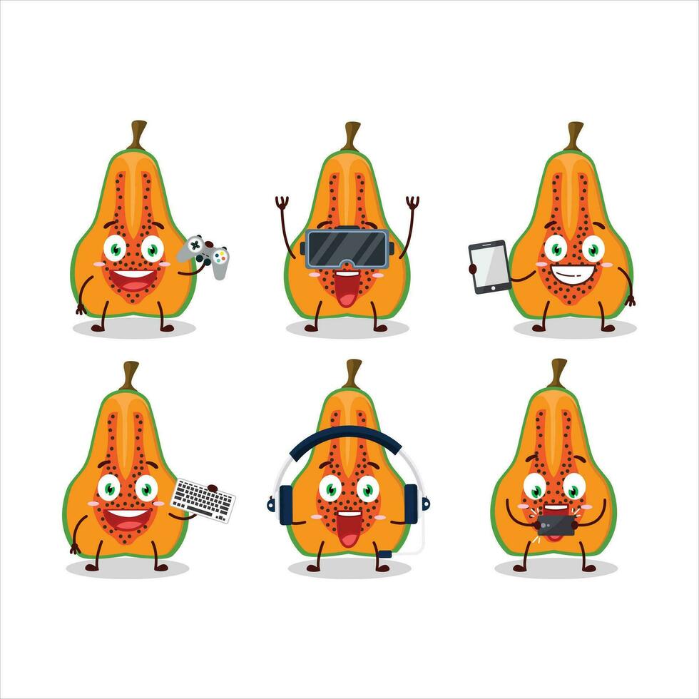 Slice of papaya cartoon character are playing games with various cute emoticons vector