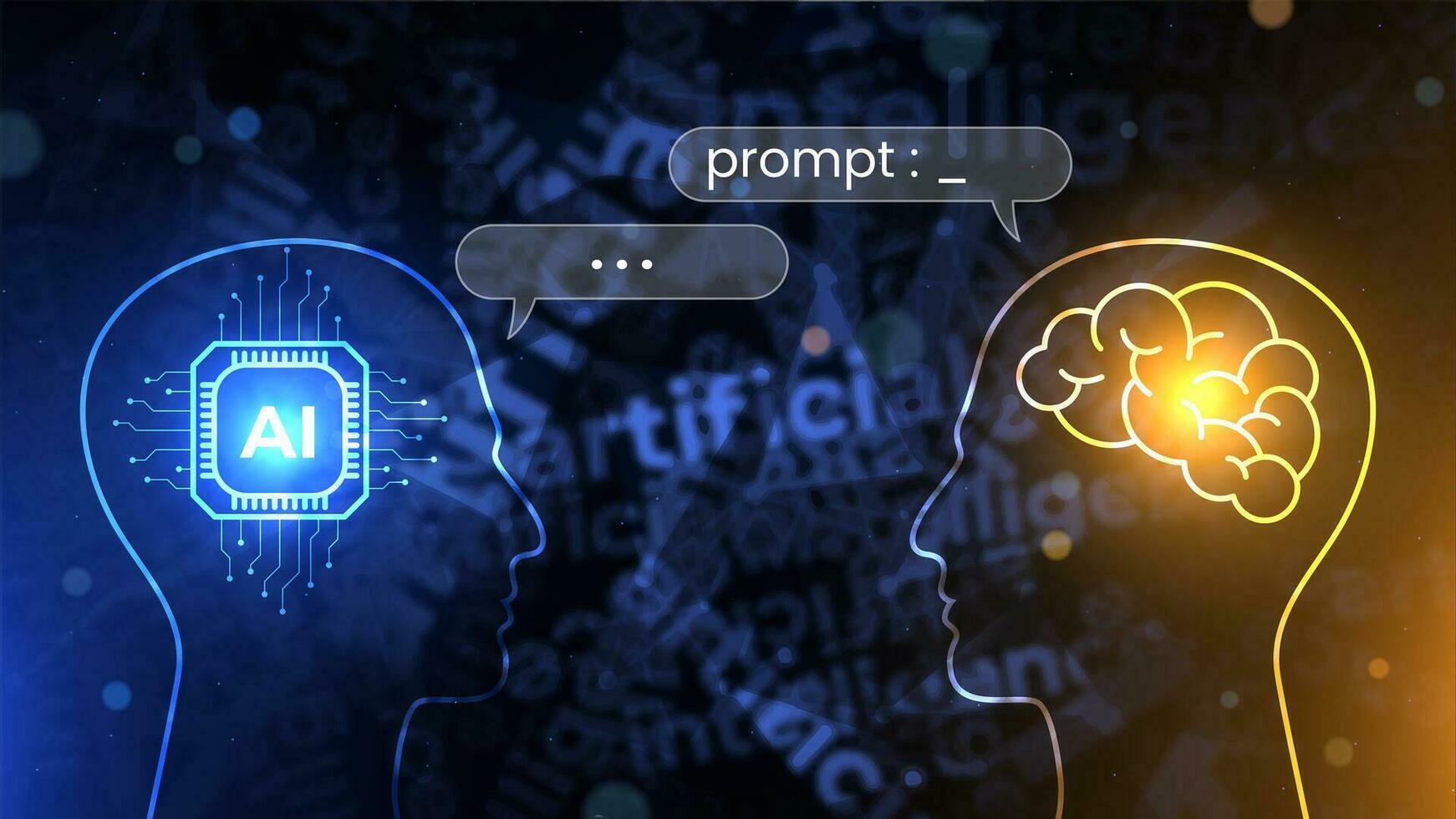 Conceptual illustration of a human interacting with an AI robot with the speech bubble. AI processor vs human brain talking about the prompt. Machine learning concept. Futuristic technology background vector