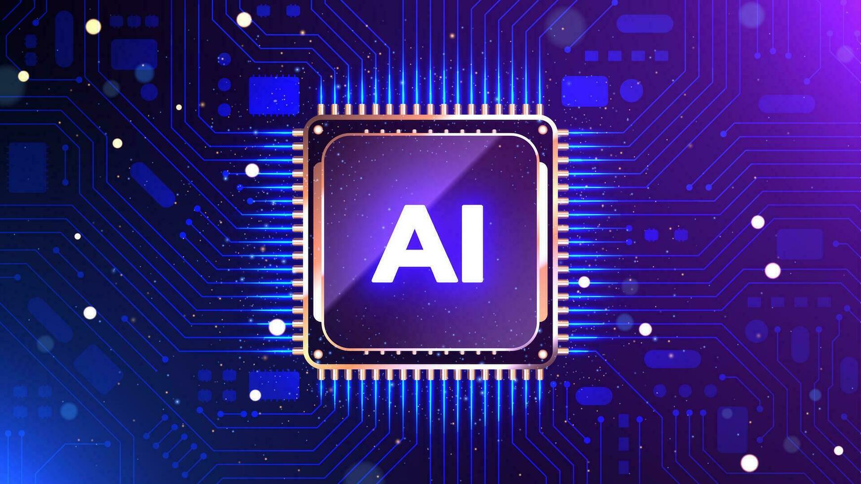 Glowing AI chipset processor and circuits. Futuristic artificial intelligence CPU with motherboard. Digital technology illustration concepts vector