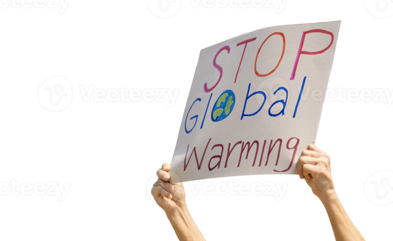 mano di volontario attivista Tenere fermare globale riscaldamento cartello durante il protesta contro inquinamento e clima modificare per ridurre carbonio orma isolato su trasparente sfondo png