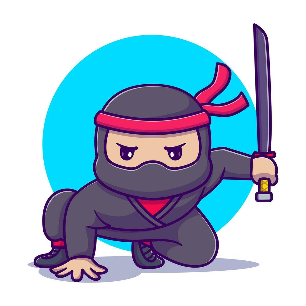 Cute ninja holding sword to attack and defend vector cartoon illustration