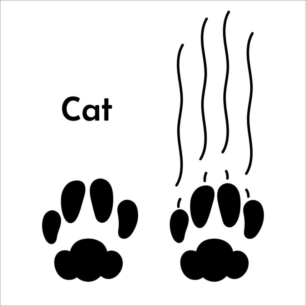 gato pata impresión con garra marcas negro y blanco plano silueta aislado en blanco antecedentes. dibujos animados mascota rascar, garras cortes monocromo vector ilustración.