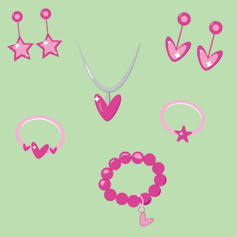 Set of pink jewelry, earrings, bracelet and heart-shaped pendant vector