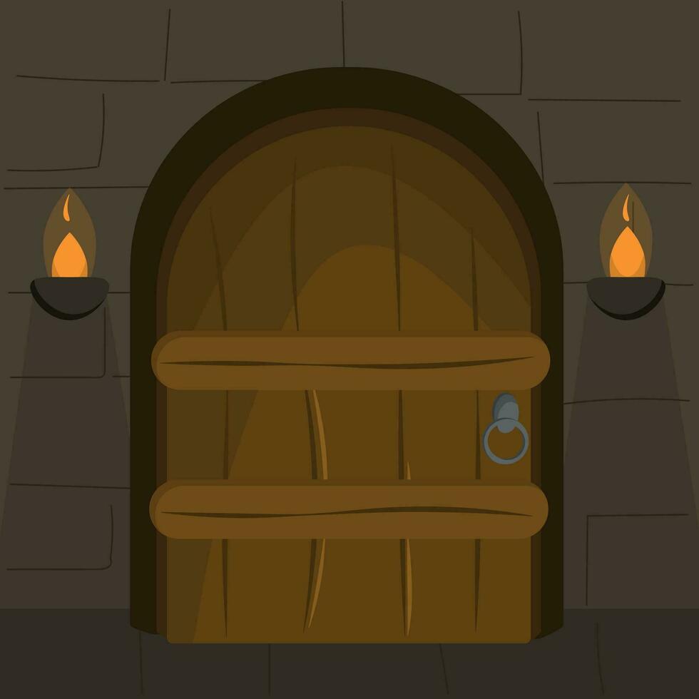 Castle door, game location, vector illustration, halloween holiday, cartoon, dungeon wall background