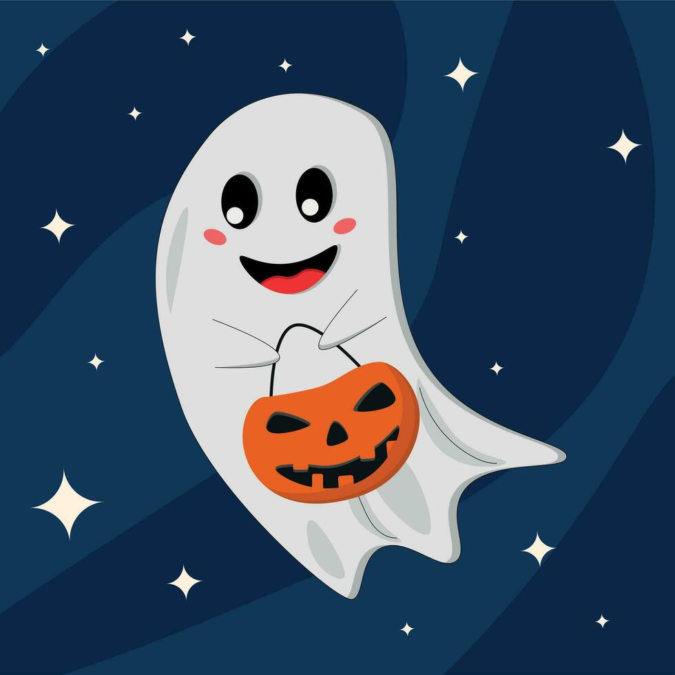 fantasma con calabaza y dulces, Víspera de Todos los Santos, linda fantasma, dibujos animados estilo, aislado en azul fondo, vector ilustración